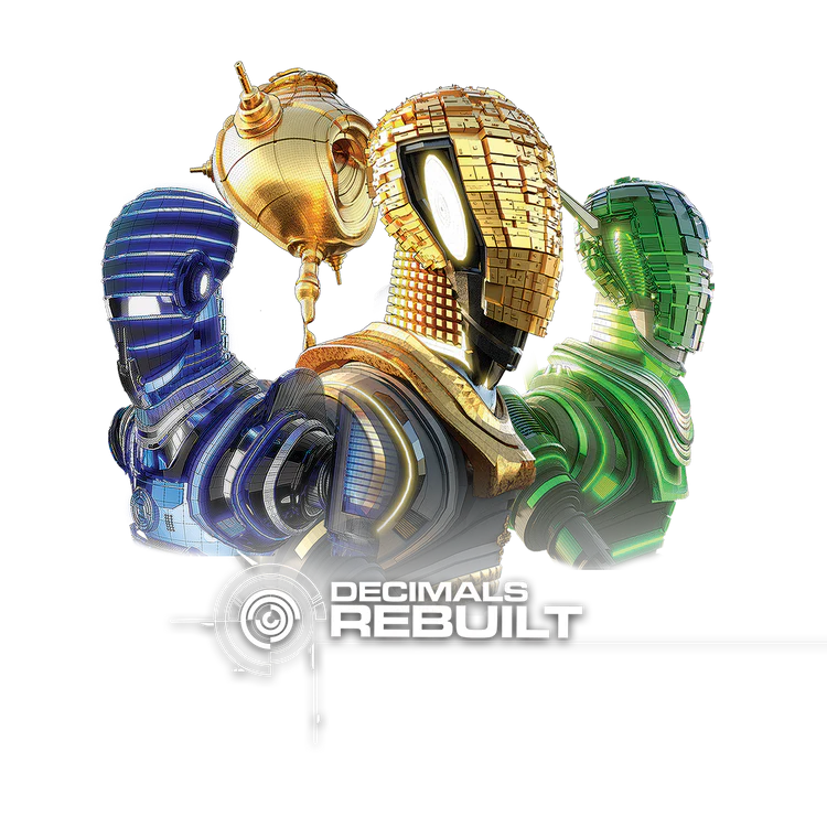 Four robot toys image and Decimals Rebuilt logo